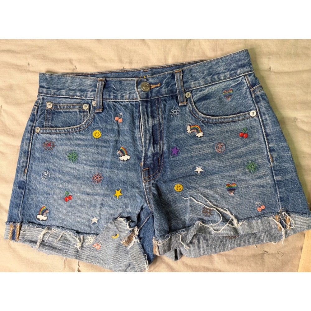 American Eagle Embroidered Denim Shorts Sz 0 Medium‎ Wash Rainbow Smiley Cutoff
